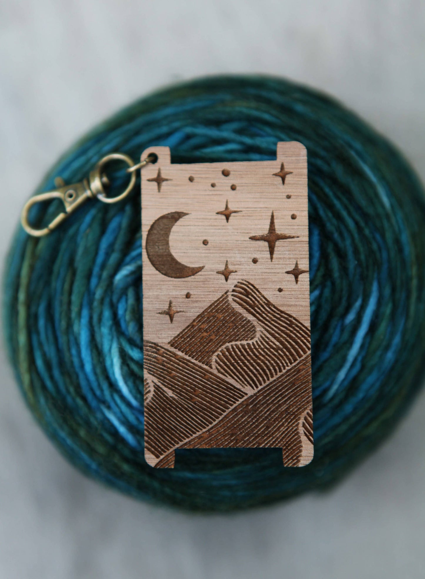 Mountains Stars Moon WPI Yarn Gauge Ruler, Walnut Wood