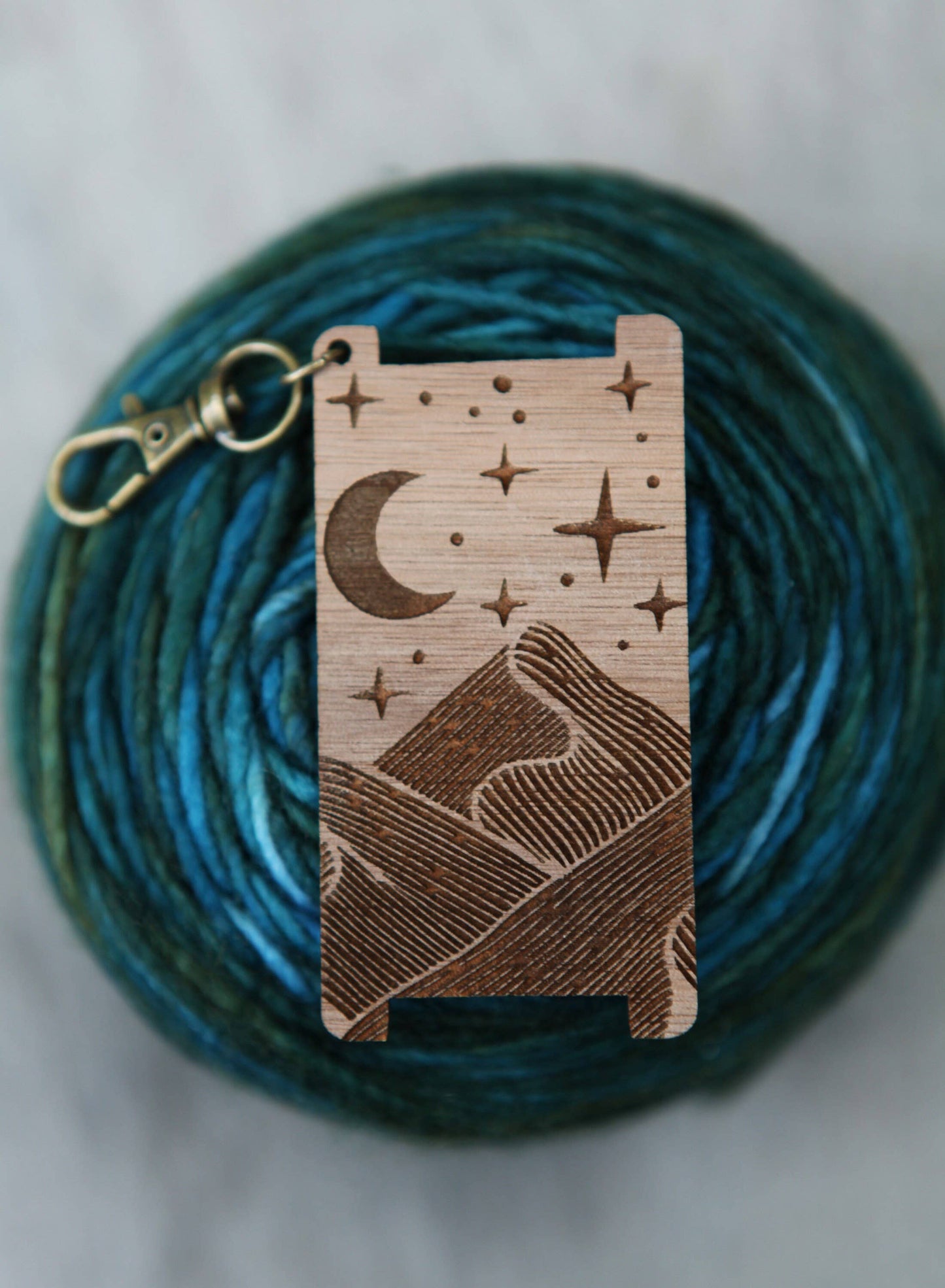 Mountains Stars Moon WPI Yarn Gauge Ruler, Walnut Wood