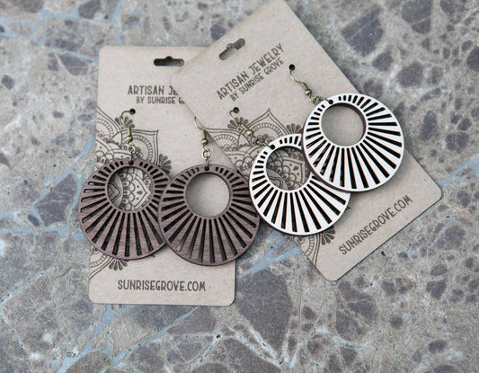Round Circular Wood Earrings with Sunburst- Walnut or Maple