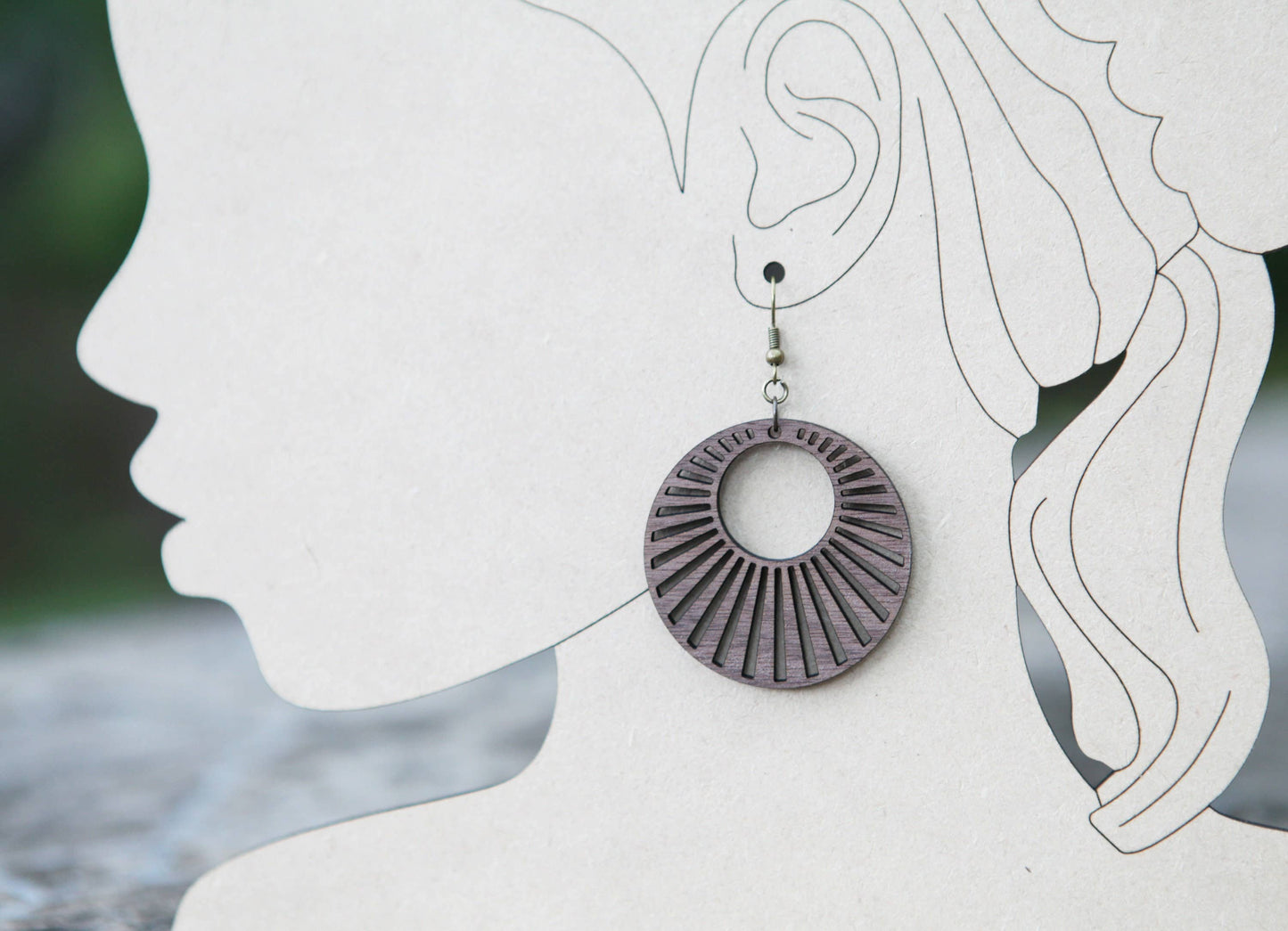 Round Circular Wood Earrings with Sunburst- Walnut or Maple